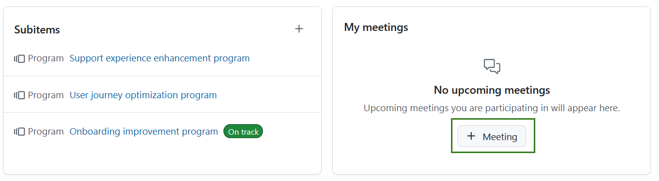 Meetings widget displayed under Over tab on Project home page in OpenProject, with no meetings created yet