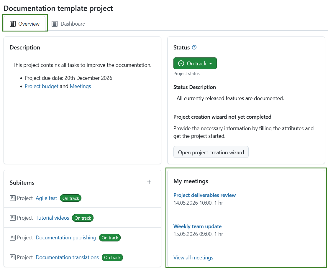 Meetings widget displayed under Over tab on Project home page in OpenProject