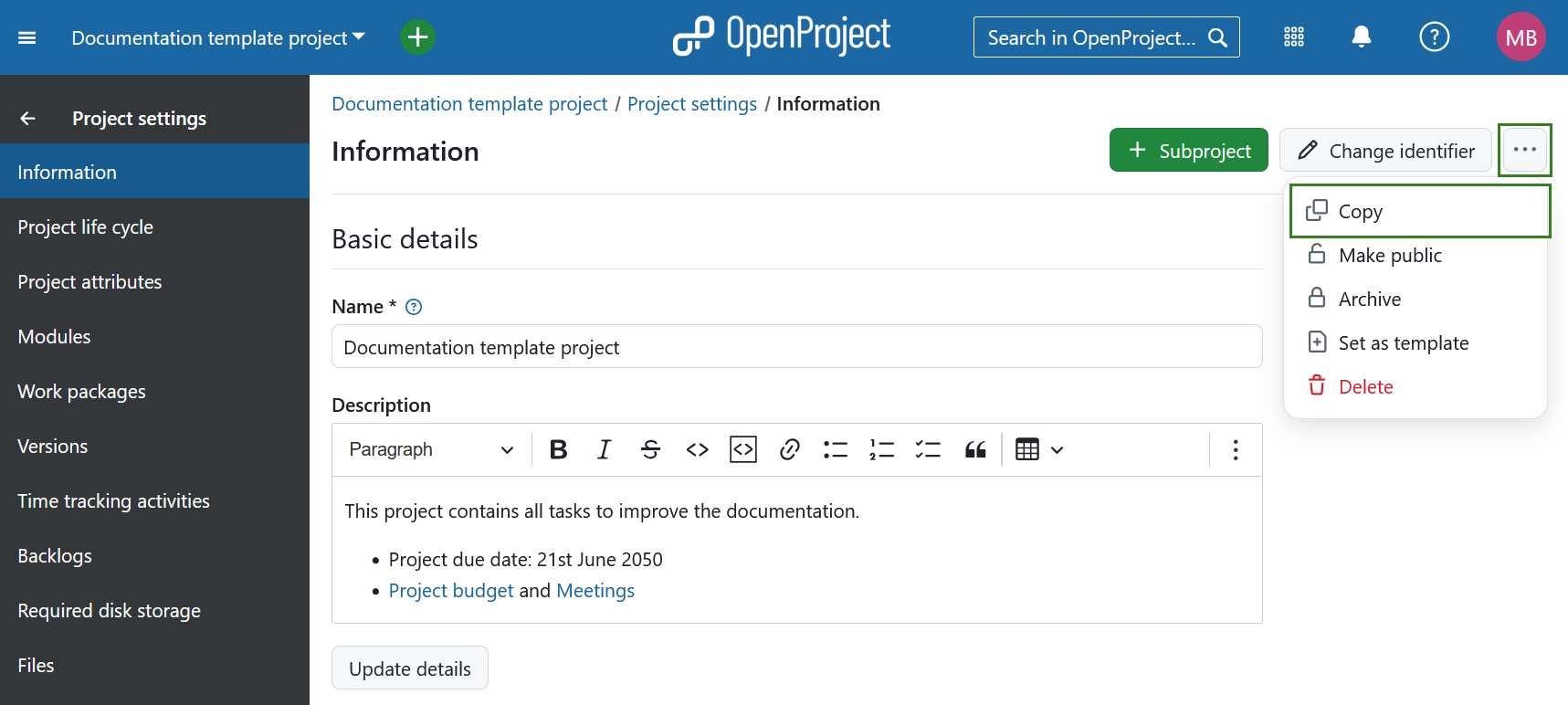 Copy a project under project settings in OpenProject