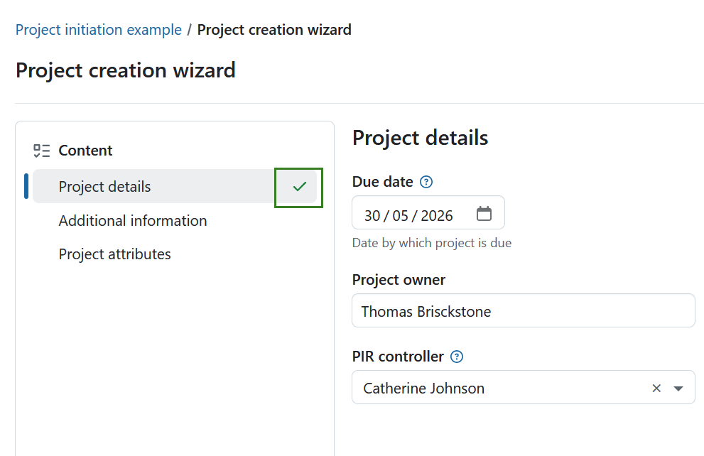 Green checkmark icon indicating completed wizard steps in OpenProject
