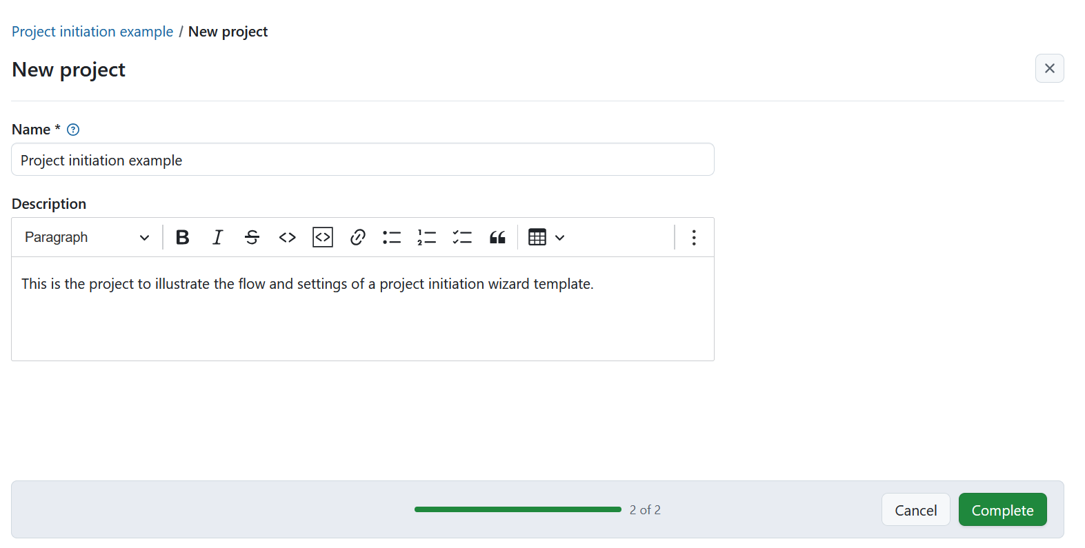 Name a new project during a project initiation flow in OpenProject