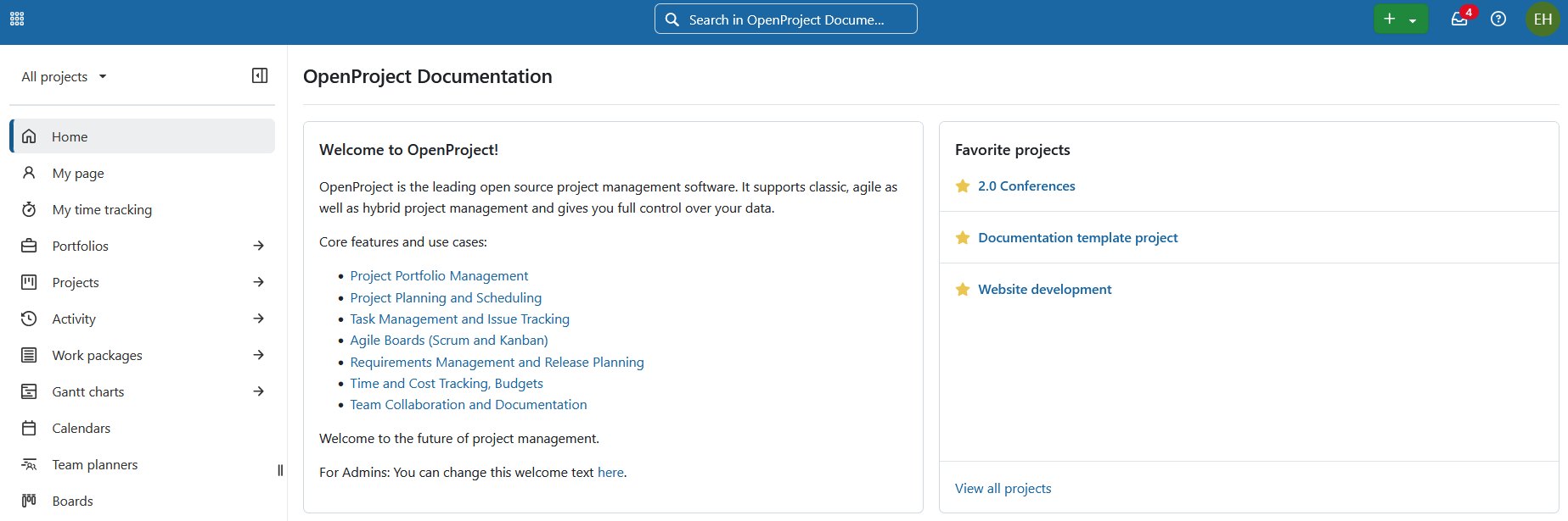 Botón para crear un nuevo proyecto en OpenProject