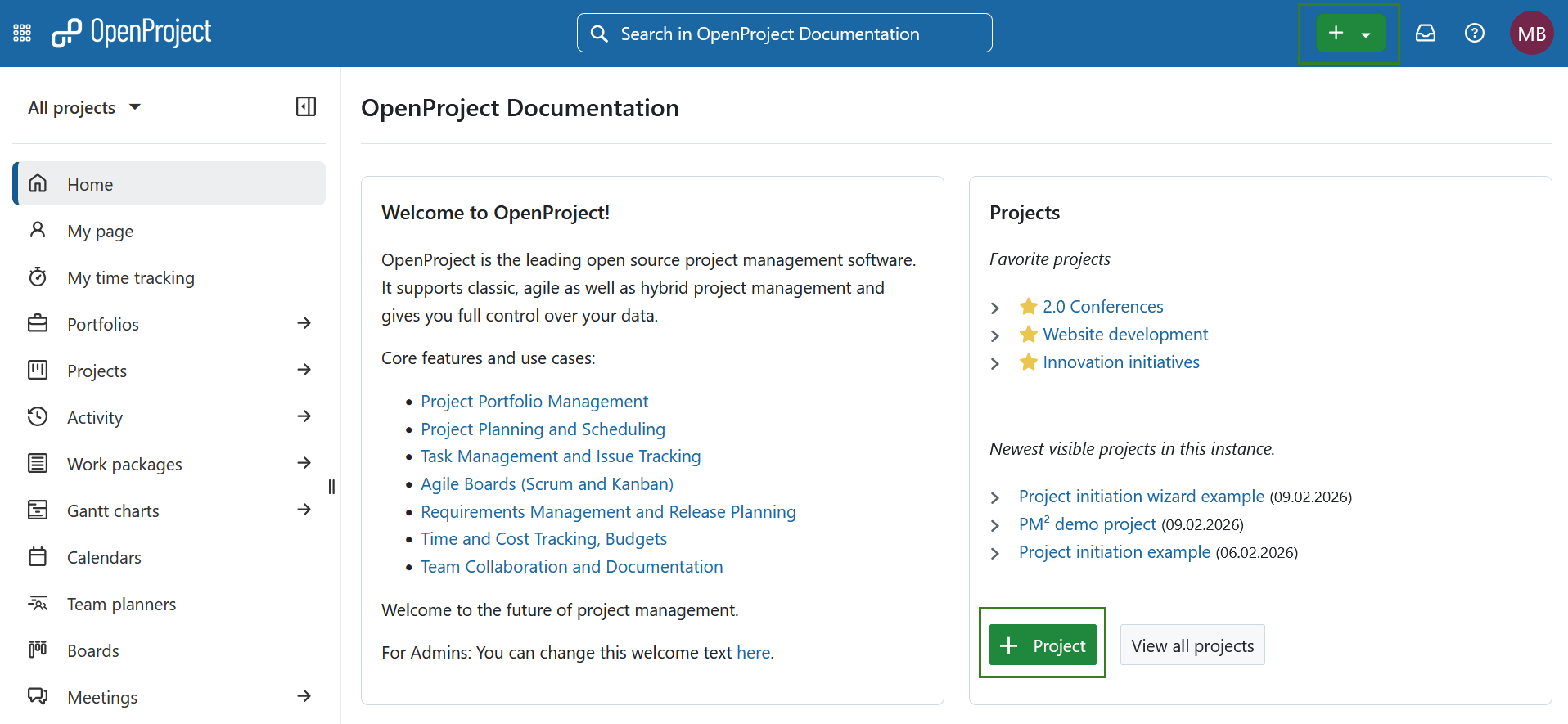 Button to create a new project in OpenProject