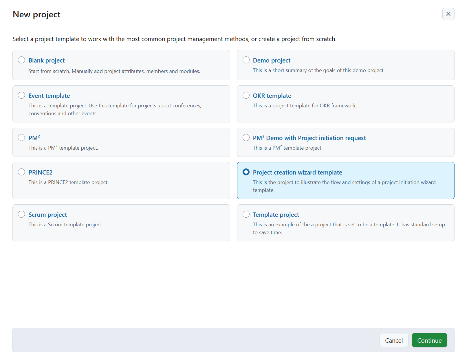 Select a project template during project creation in OpenProject