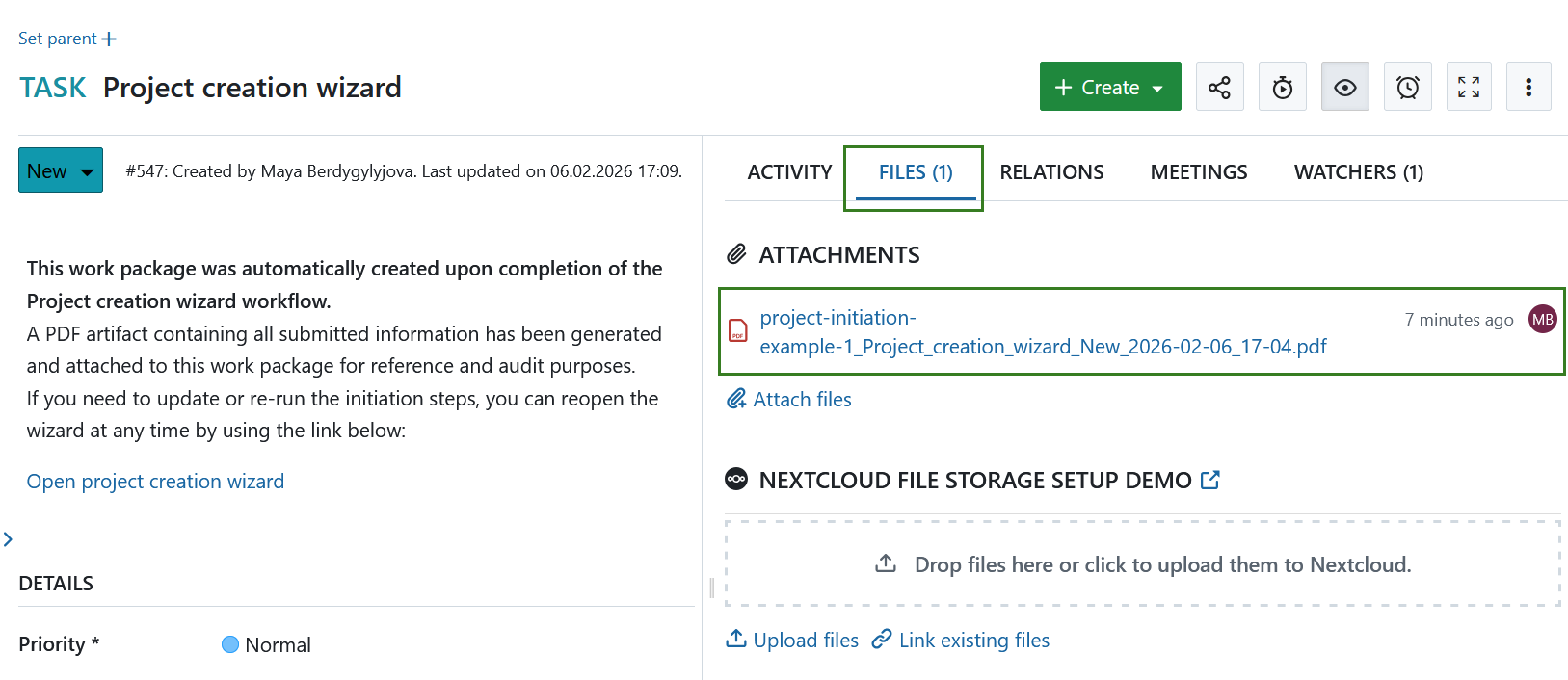 Files tab showing the generated project initiation PDF
