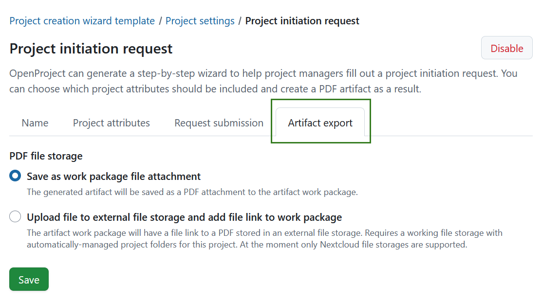 Tab to specify artifact export during the project initiation request under OpenProject project settings