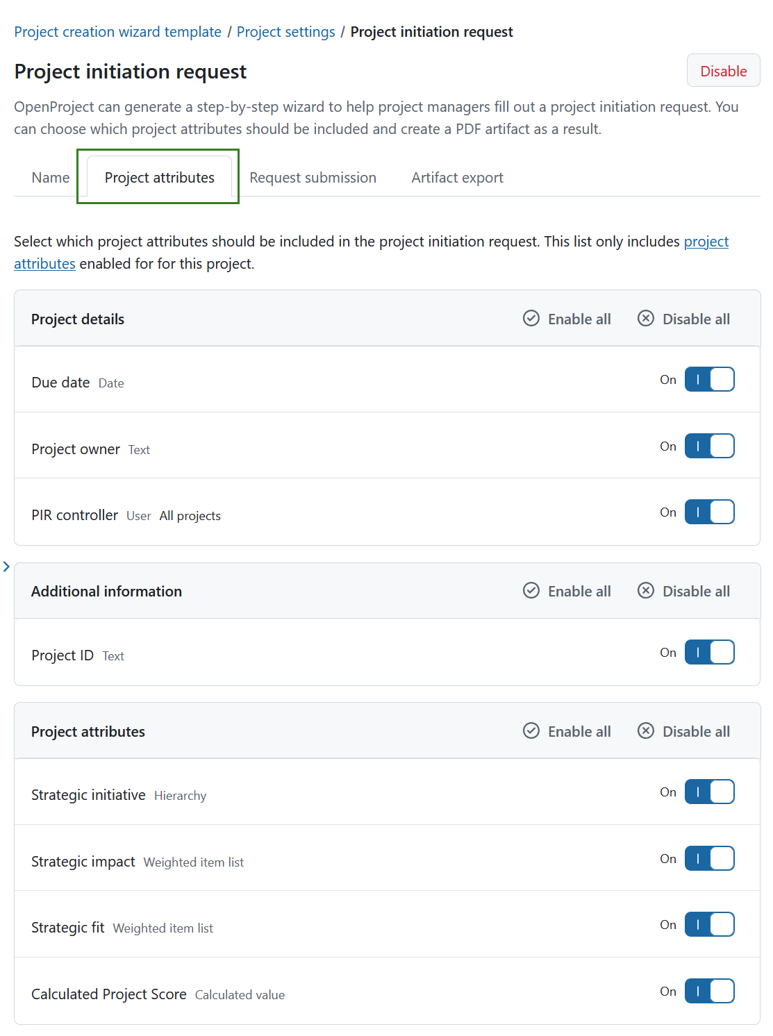 Tab to select project attributes for the project initiation request flow under OpenProject project settings