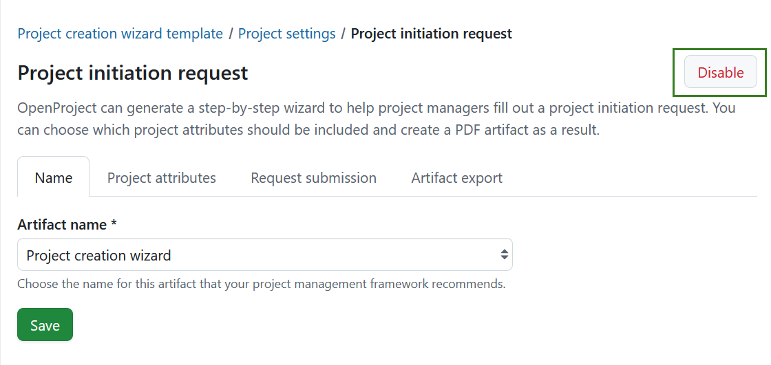 Button to disable project initiation request in OpenProject project settings