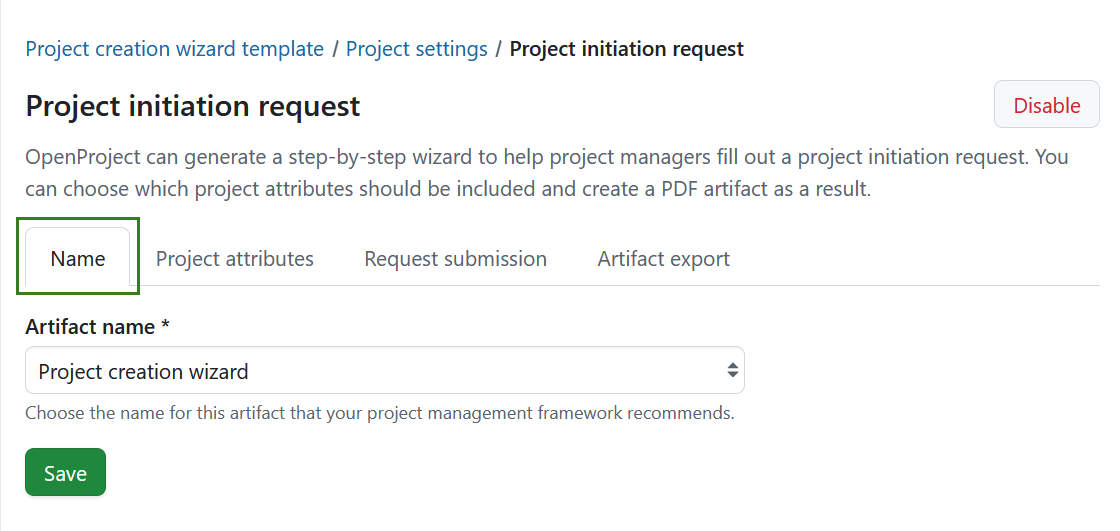 Tab to choose a name for the project initiation request flow under OpenProject project settings