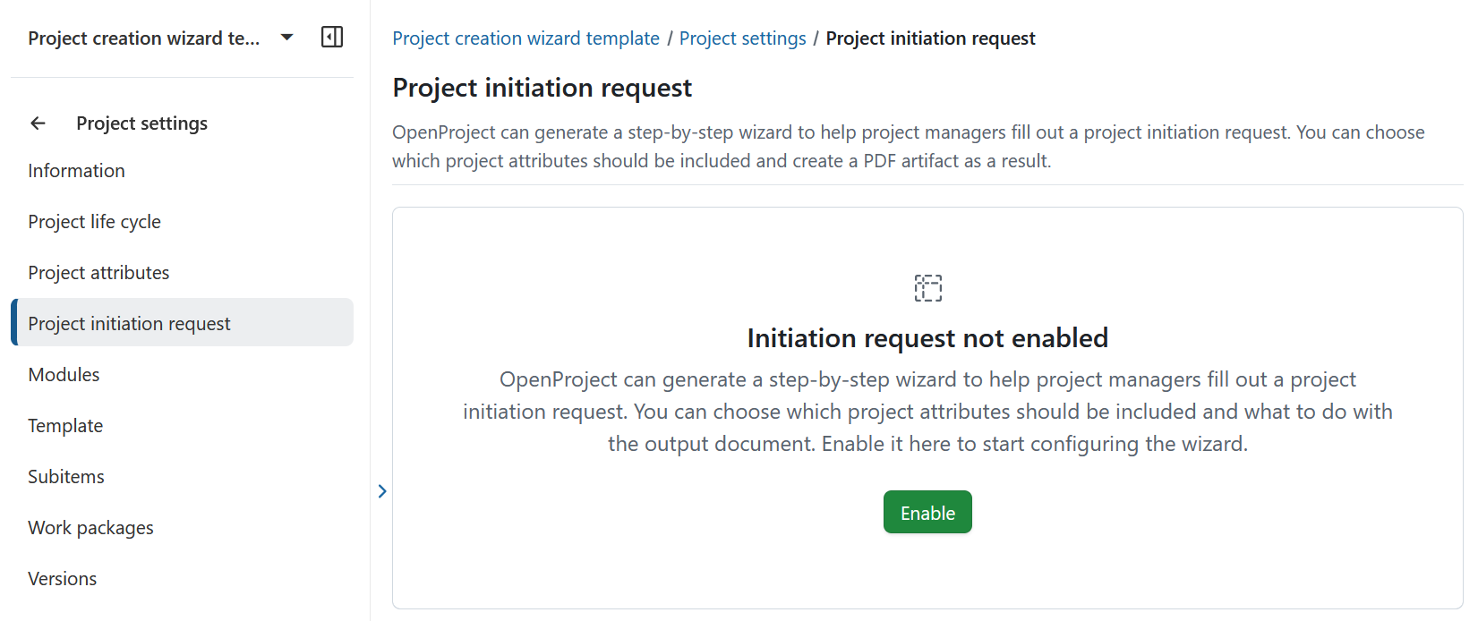 Project initiation request of not enabled in OpenProject project settings