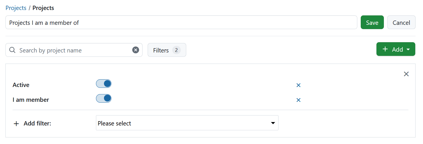 Nombre y guardar un filtro de proyectos privados en OpenProject