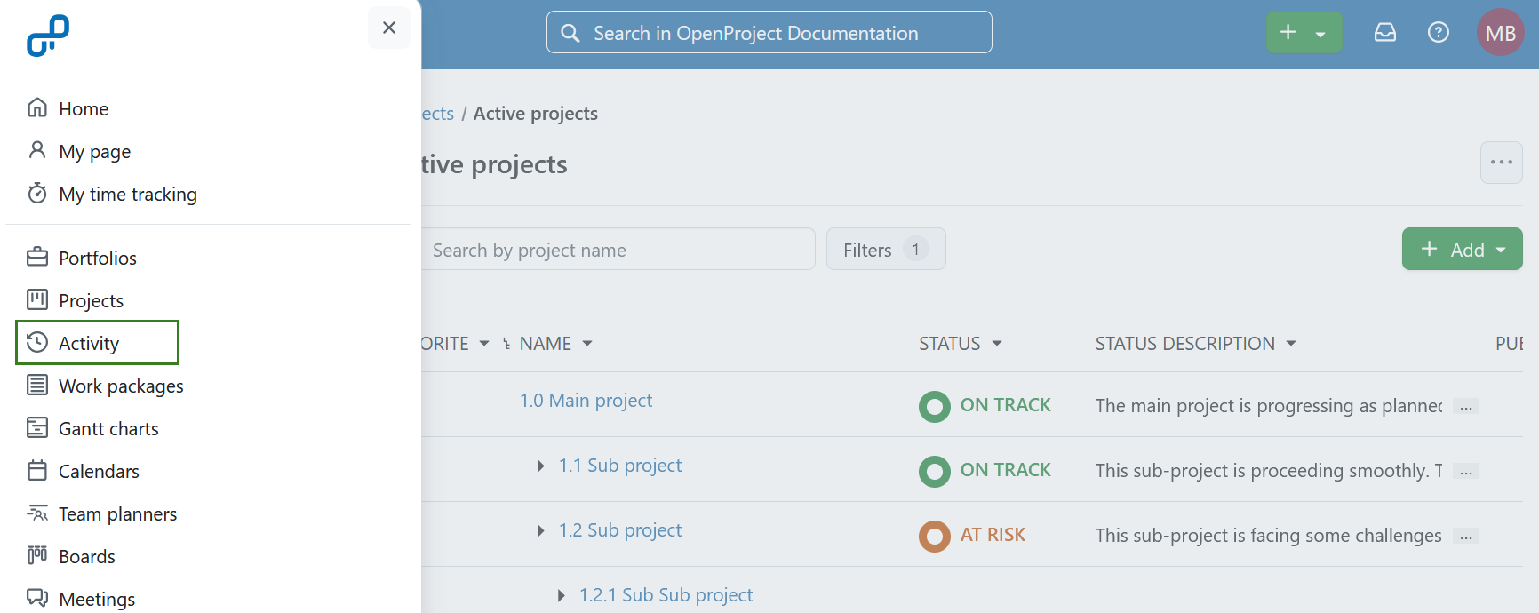 Selecciona la actividad del menú de módulos globales
