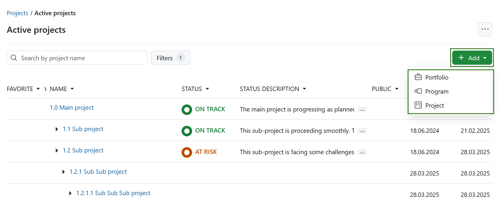 Add a portfolio, program or a project on a projects lists overview page in OpenProject