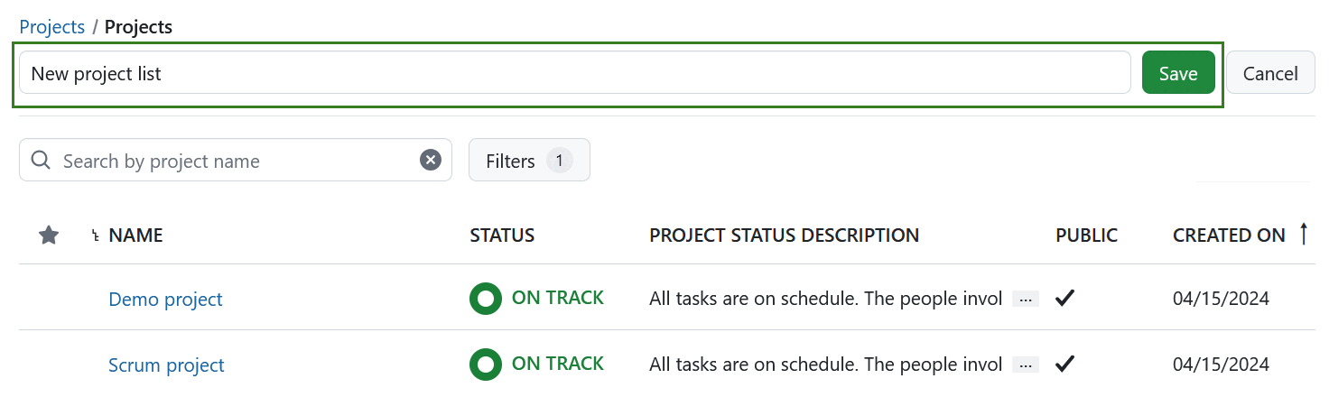 Dê um nome e guarde uma nova lista de projetos no OpenProject