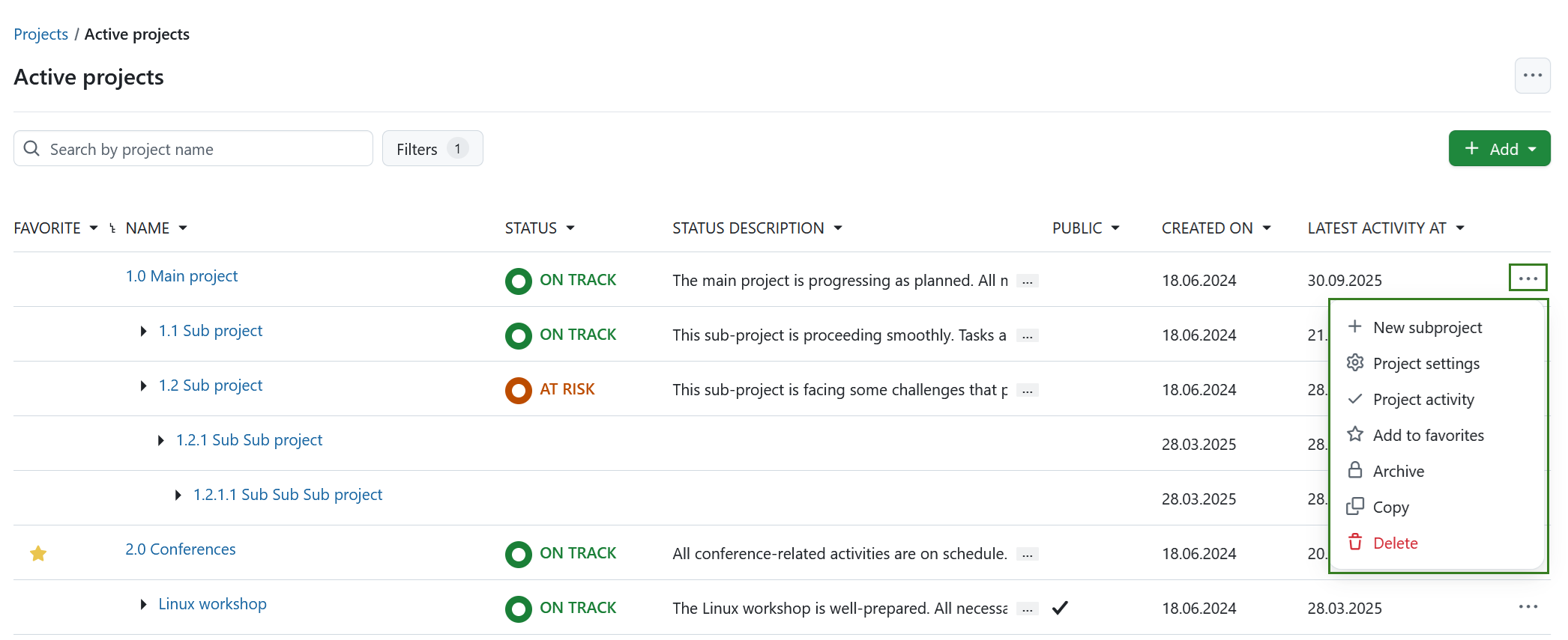 nueva lista de proyectos con subproyectos