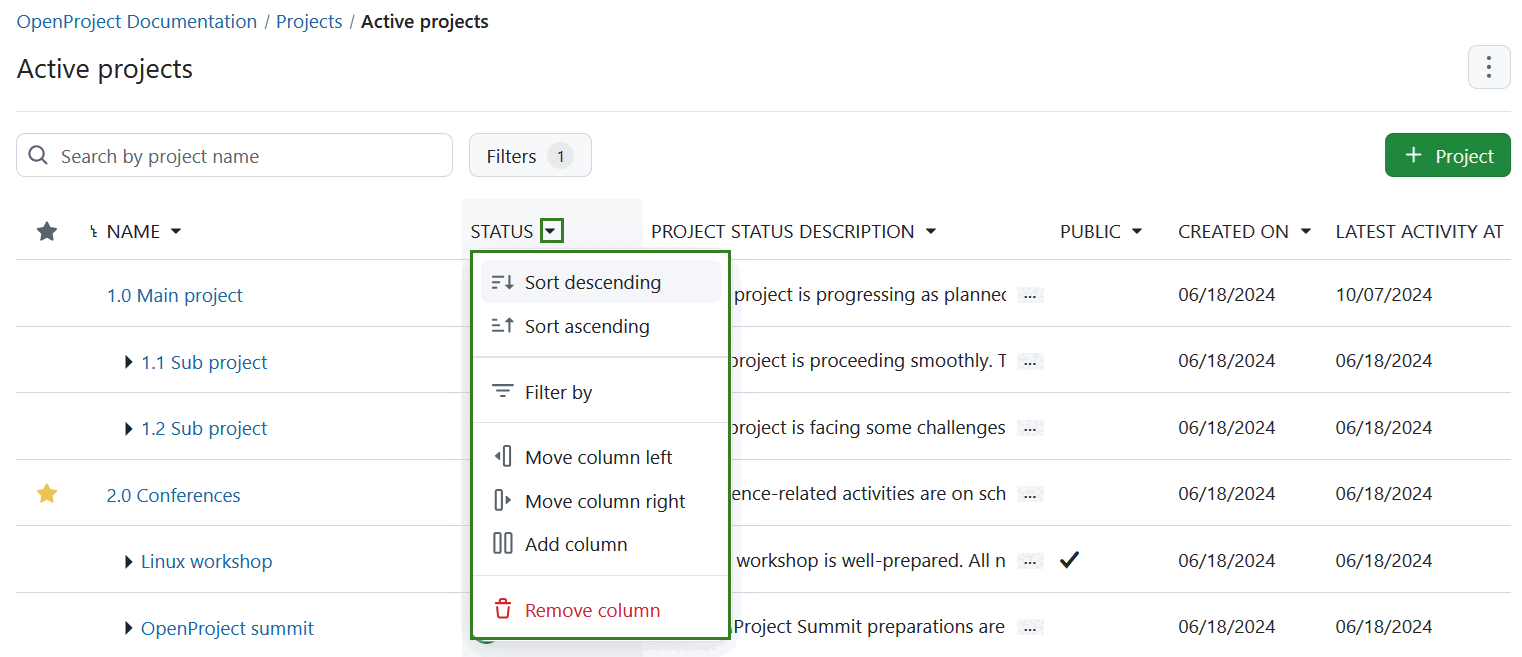 Configurez la vue des listes de projets en utilisant le menu déroulant de l’en-tête de colonne