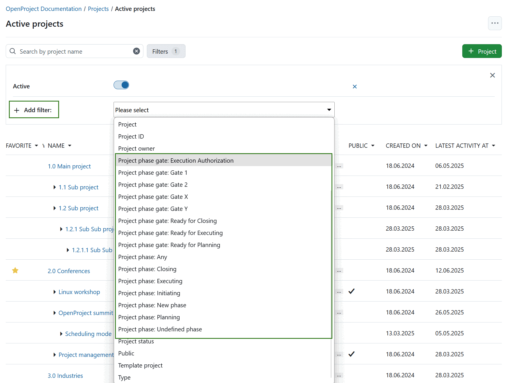 Les listes de projets sont filtrées par les phases du projet et les portes de phase dans OpenProject