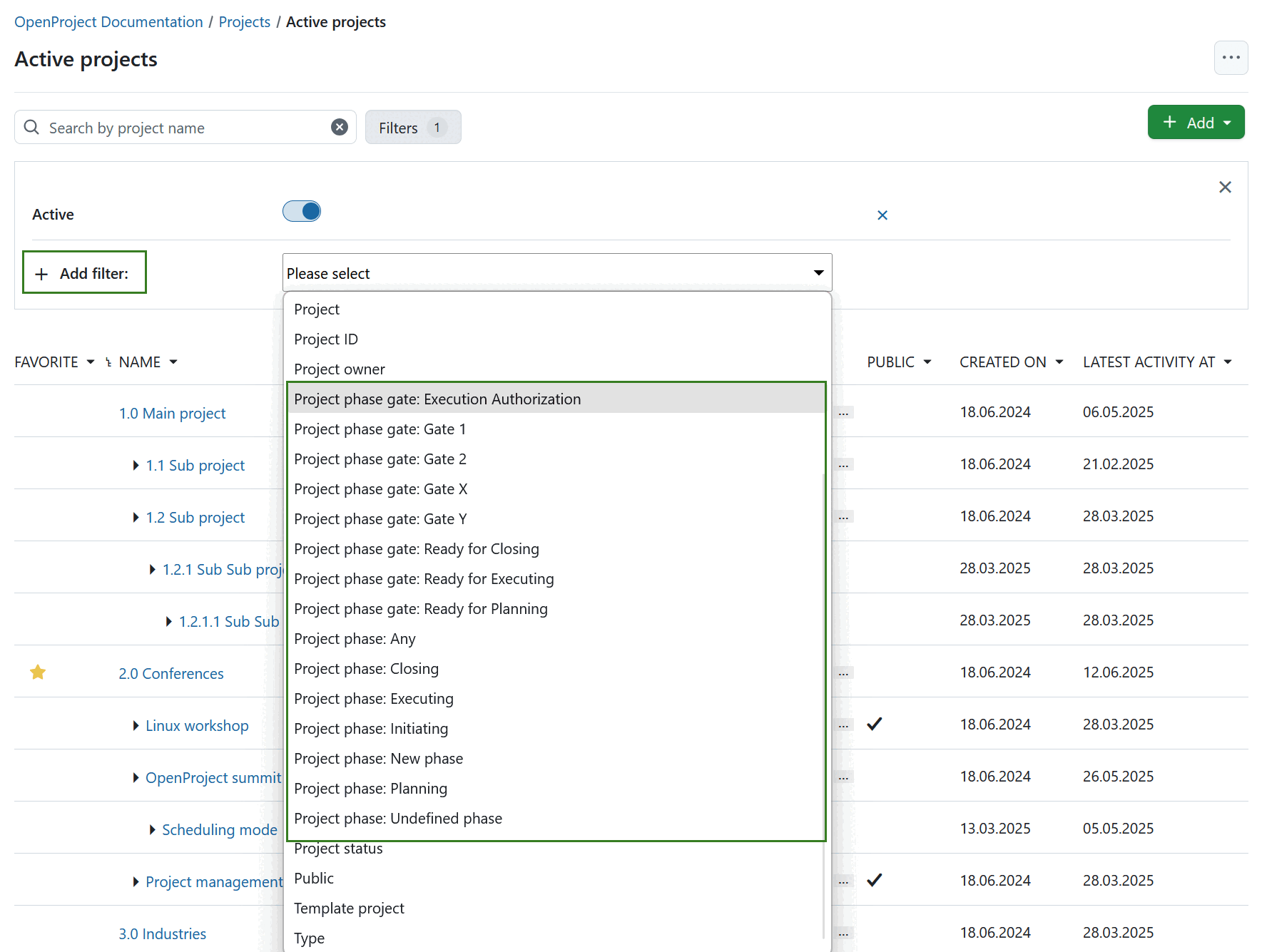 Listas de proyectos filtradas por fases de proyecto y puertas de fase en OpenProject