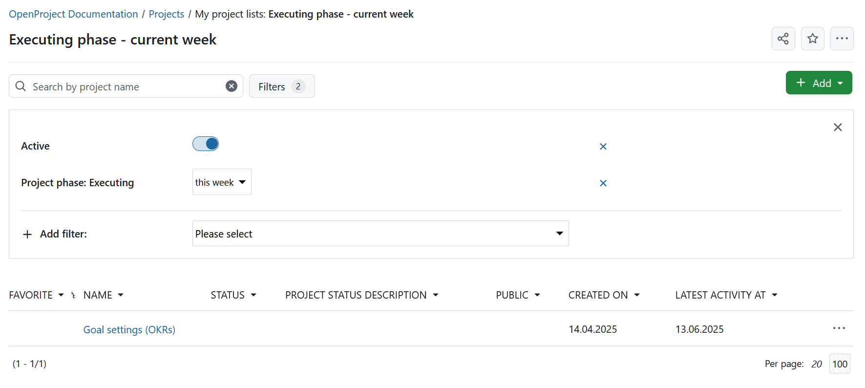 Listas de proyectos filtradas por fases de proyecto y puertas de fase con un plazo específico en OpenProject