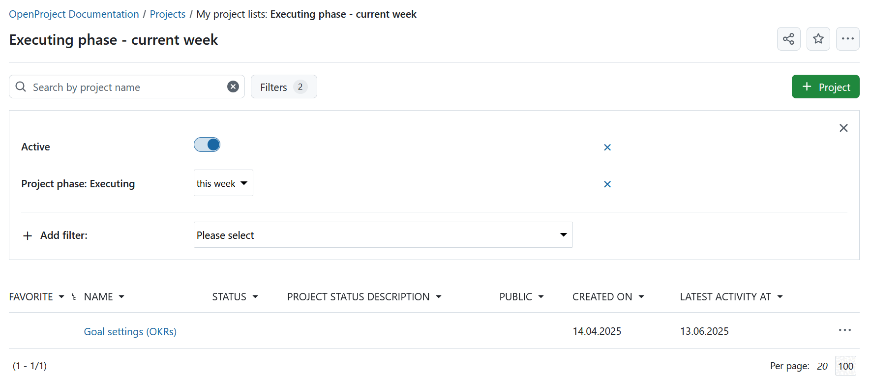 Filtrer les listes de projets par phases de projet et portes de phase avec une période déterminée dans OpenProject
