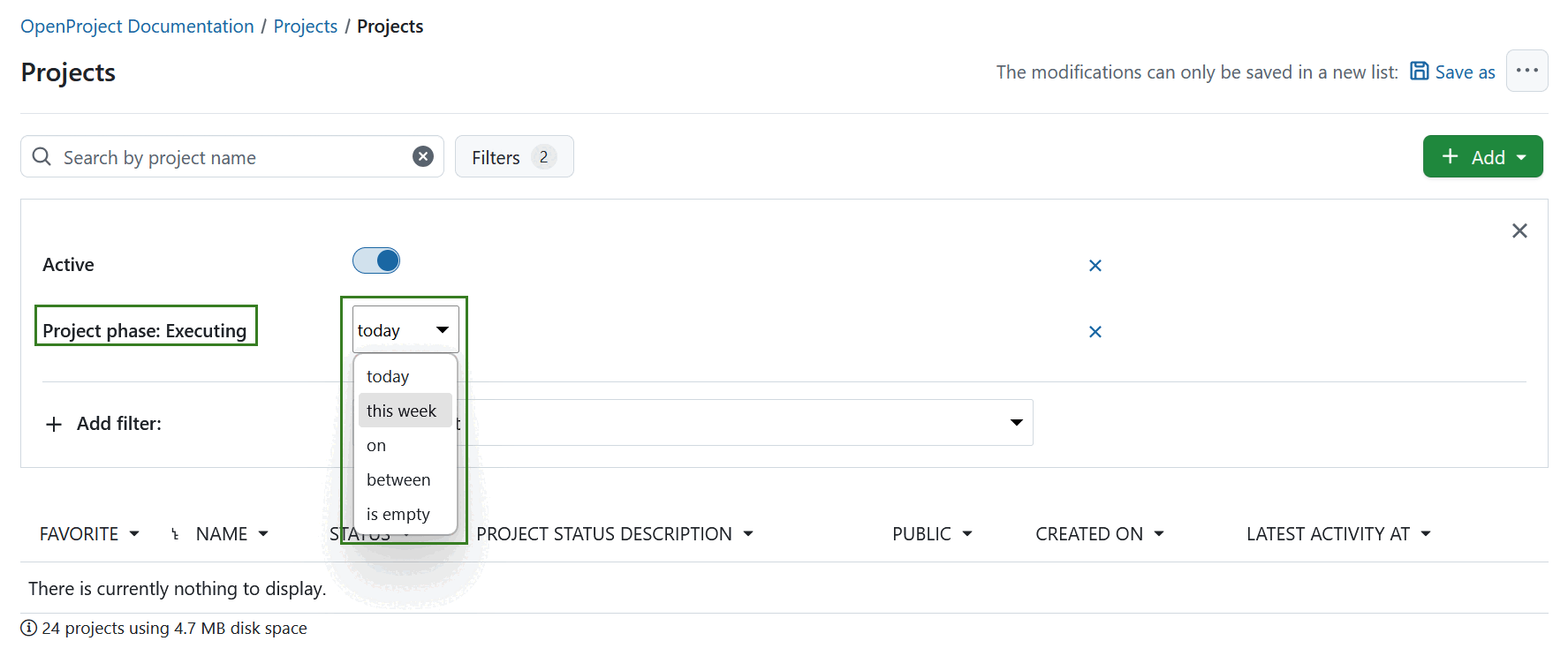Listas de proyectos filtradas por fases de proyecto y puertas de fase con un filtro desplegable de plazos abierto en OpenProject