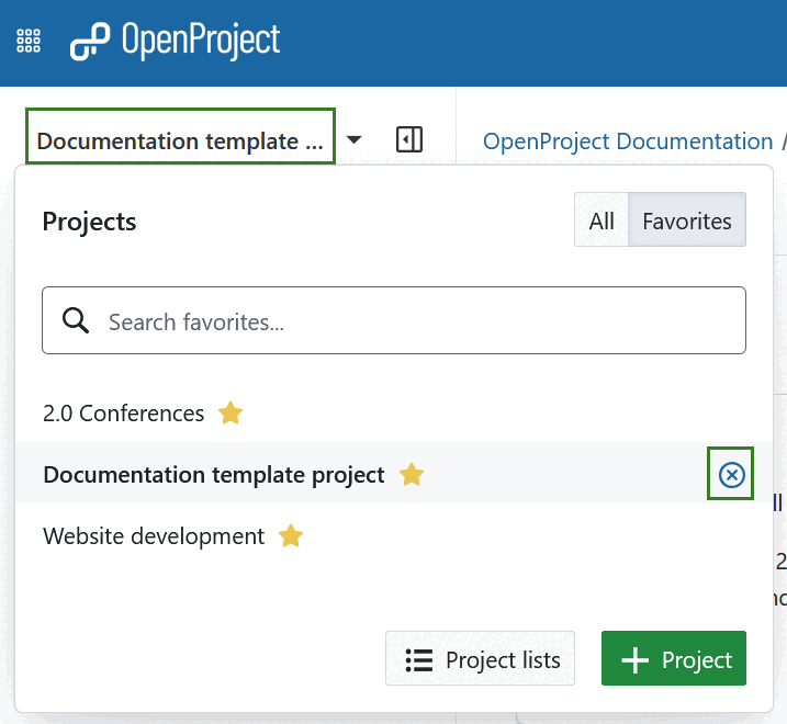 Icône pour fermer un projet déjà sélectionné dans le menu déroulant Tous les projets dans OpenProject