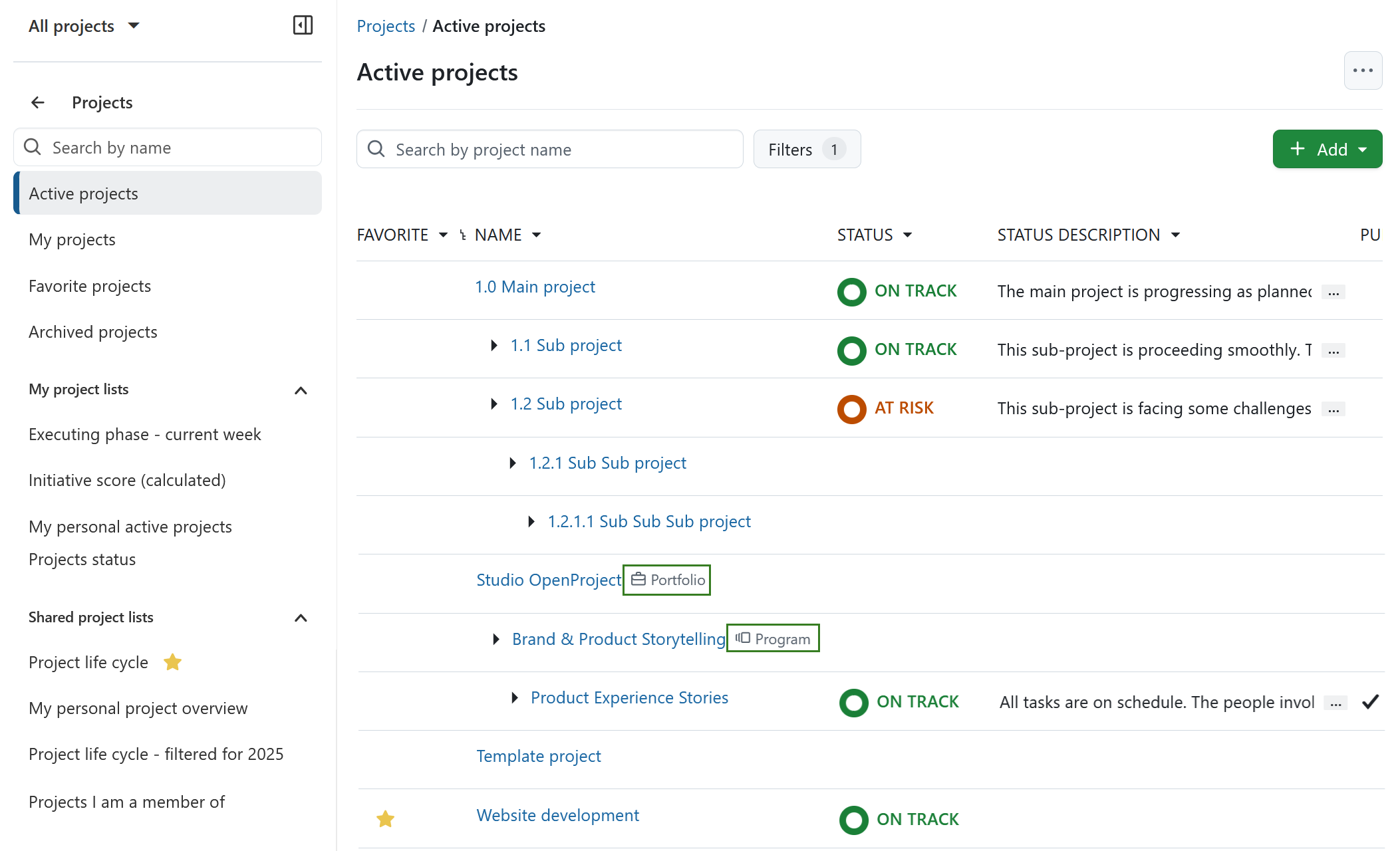 Una lista de todos los proyectos en OpenProject
