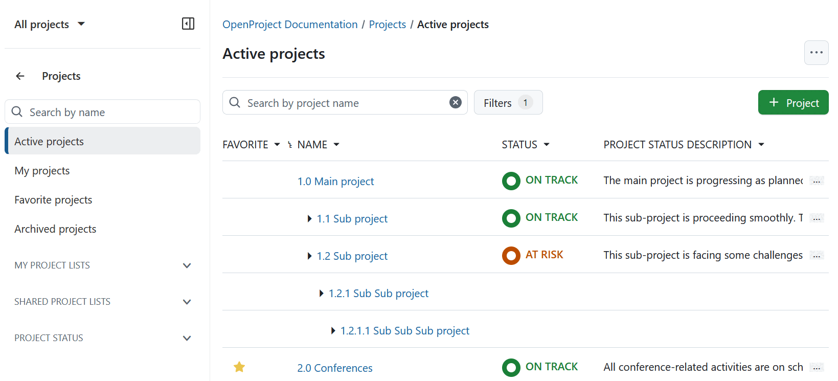 Une liste de tous les projets dans OpenProject