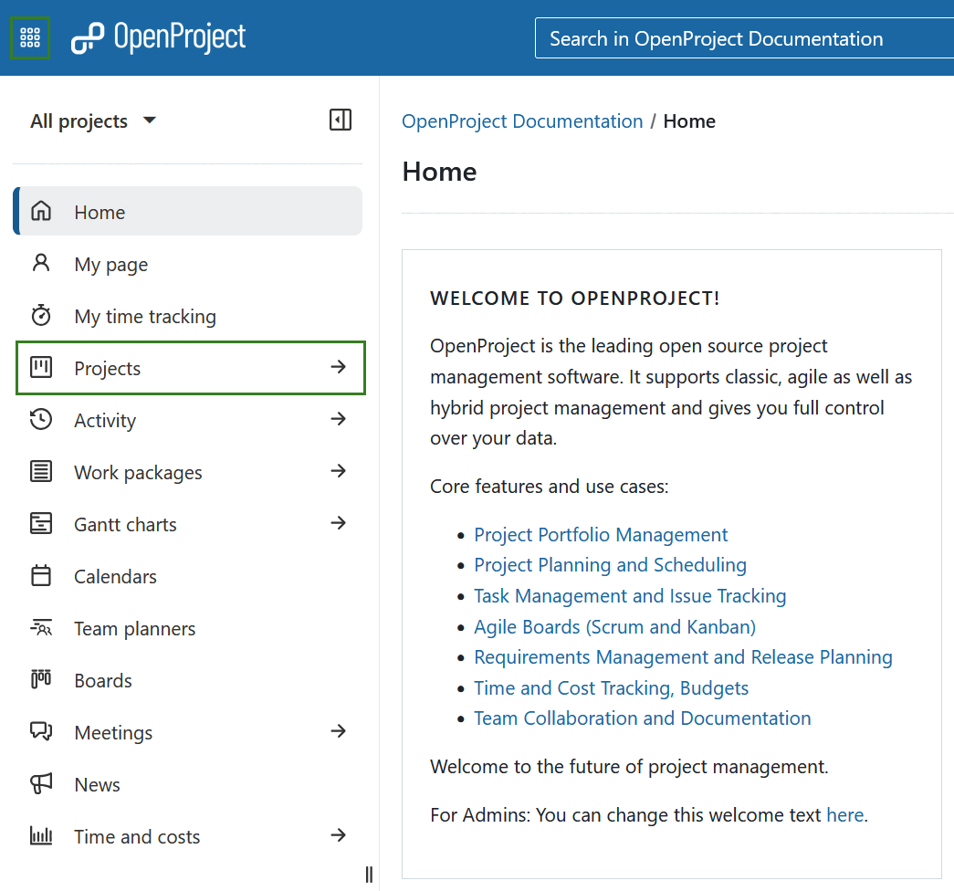 Sélectionner tous les projets dans le menu des modules globaux du menu latéral gauche d’OpenProject