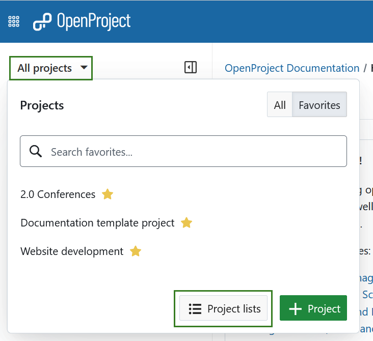 Bouton « Liste des projets » en bas du menu déroulant Tous les projets dans la navigation d’en-tête d’OpenProject