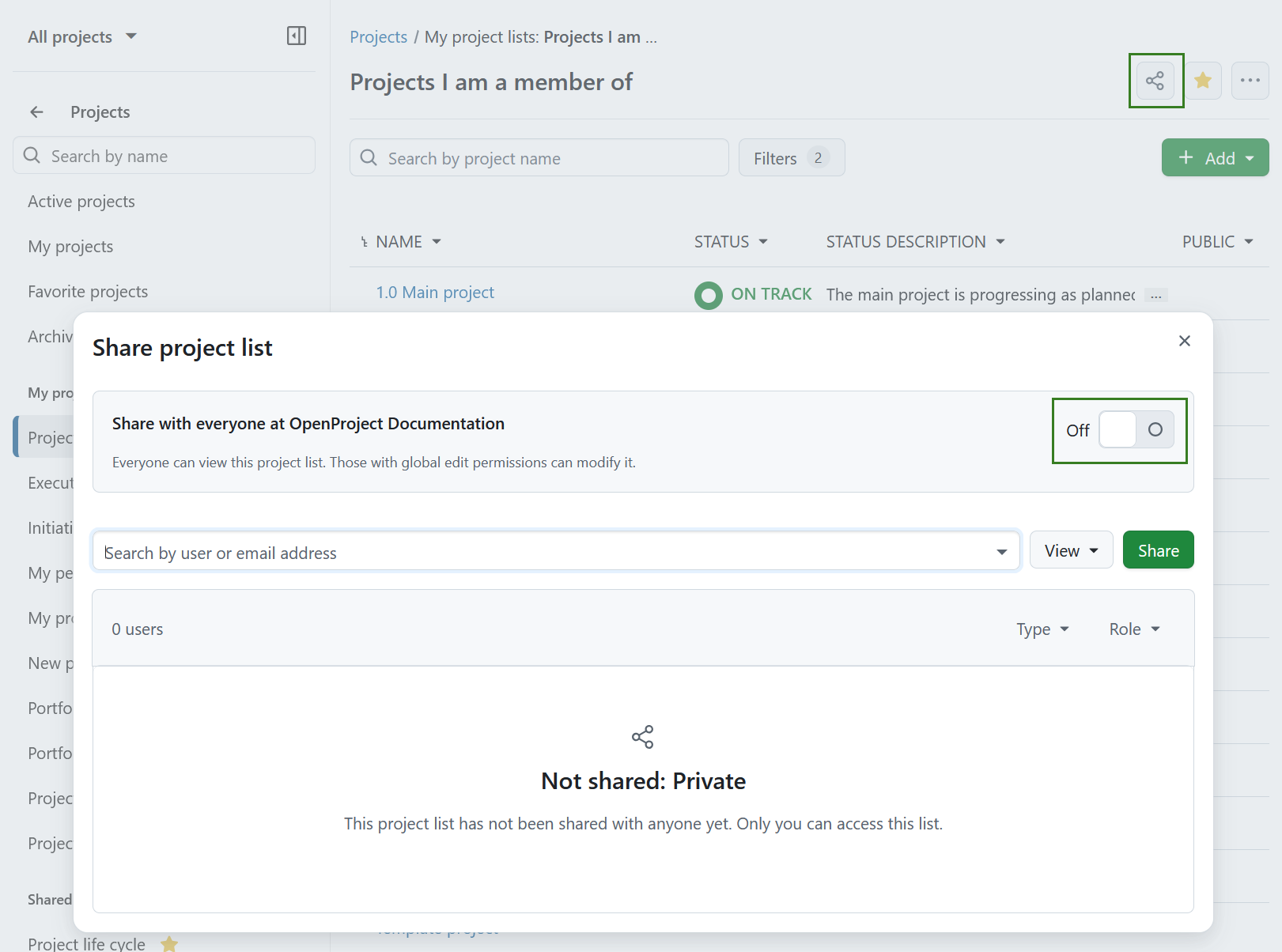 Compartir una lista de proyectos con todo el mundo en OpenProject