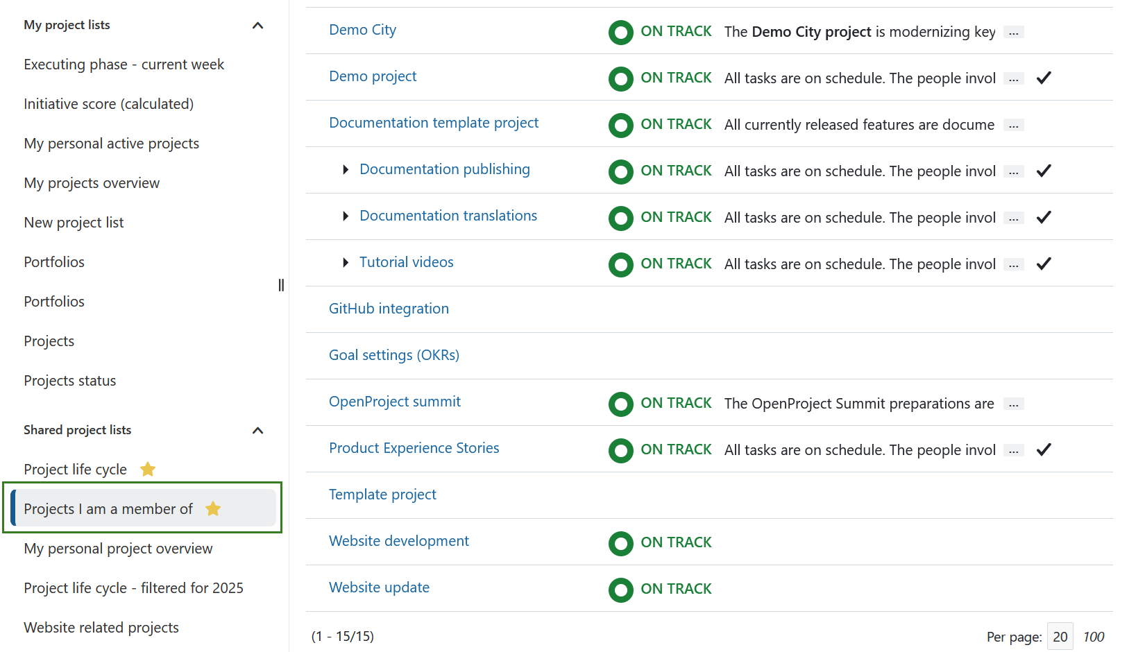Listas públicas de proyectos en OpenProject