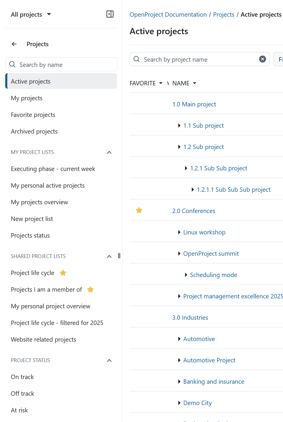 Filtres pour les listes de projets dans OpenProject
