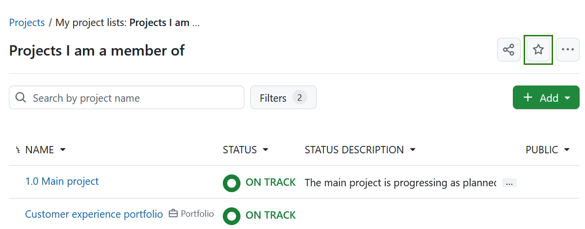 Marcar la lista de proyectos como favorita en OpenProject