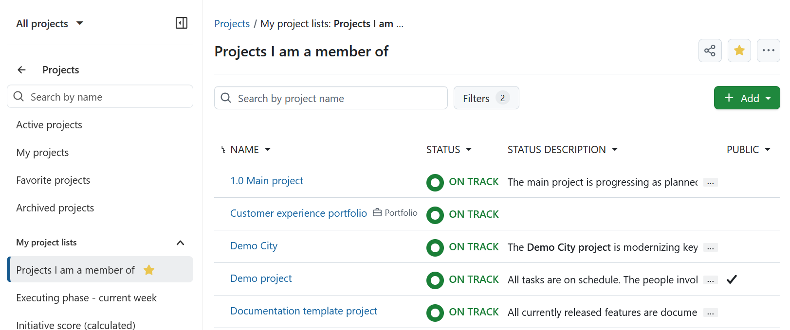 Lista de proyectos favoritos en OpenProject