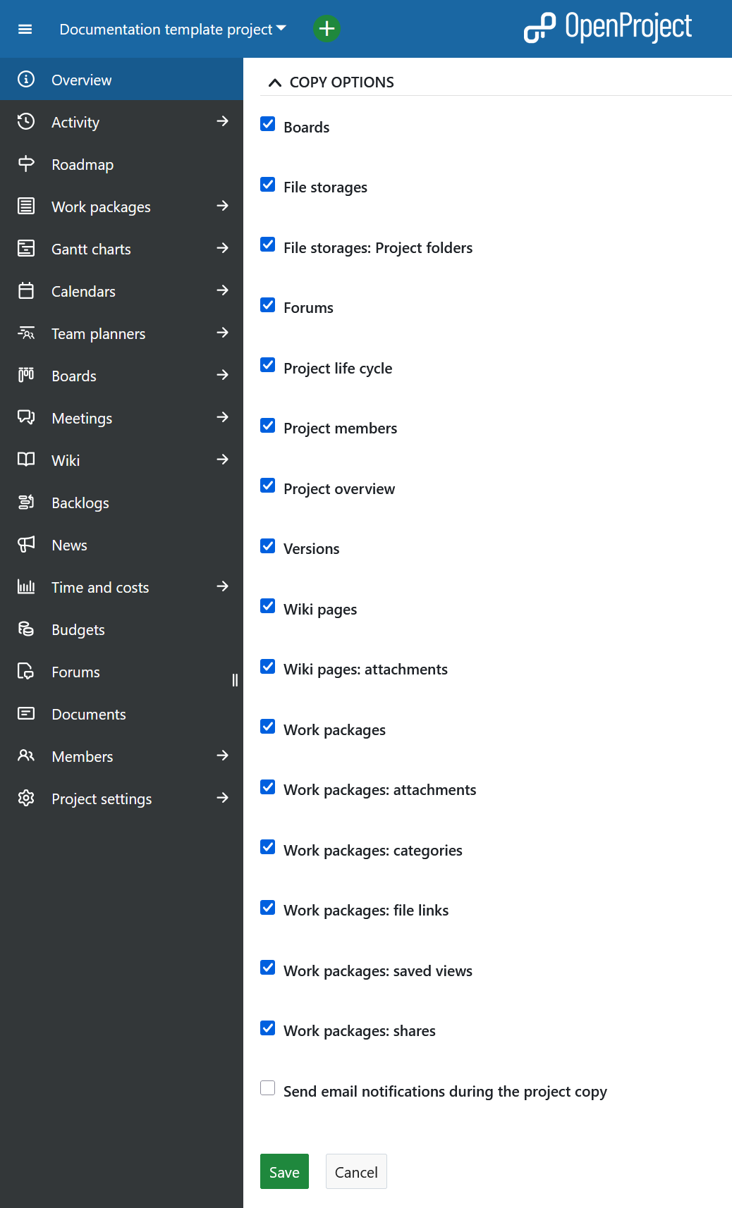 Copy options when copying a project in OpenProject