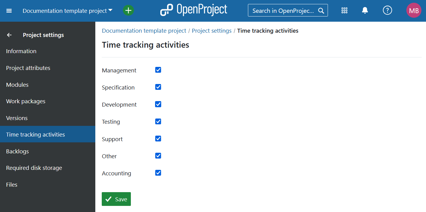 Activate time tracking activities under project settings in OpenProject