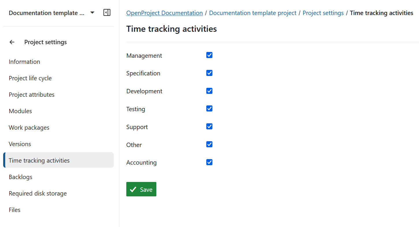 Activate time tracking activities under project settings in OpenProject