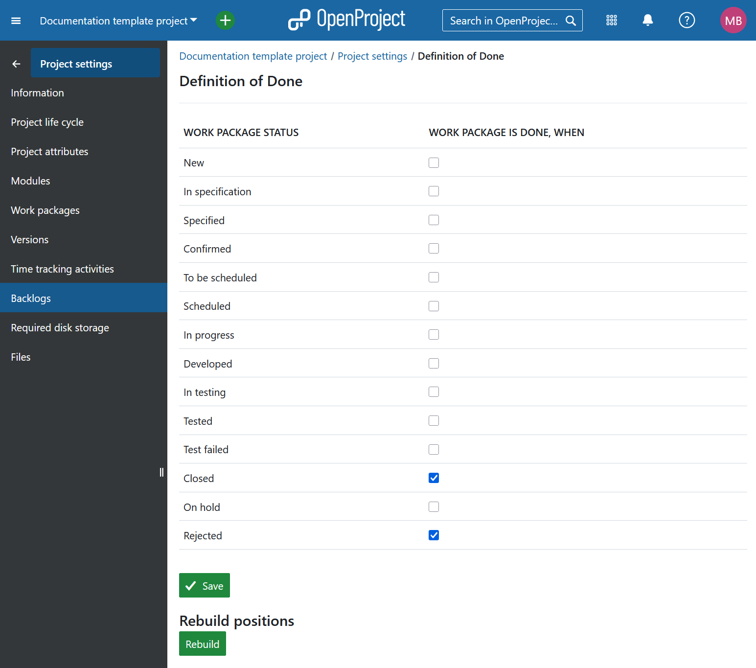 Manage backlogs settings under project settings in OpenProject