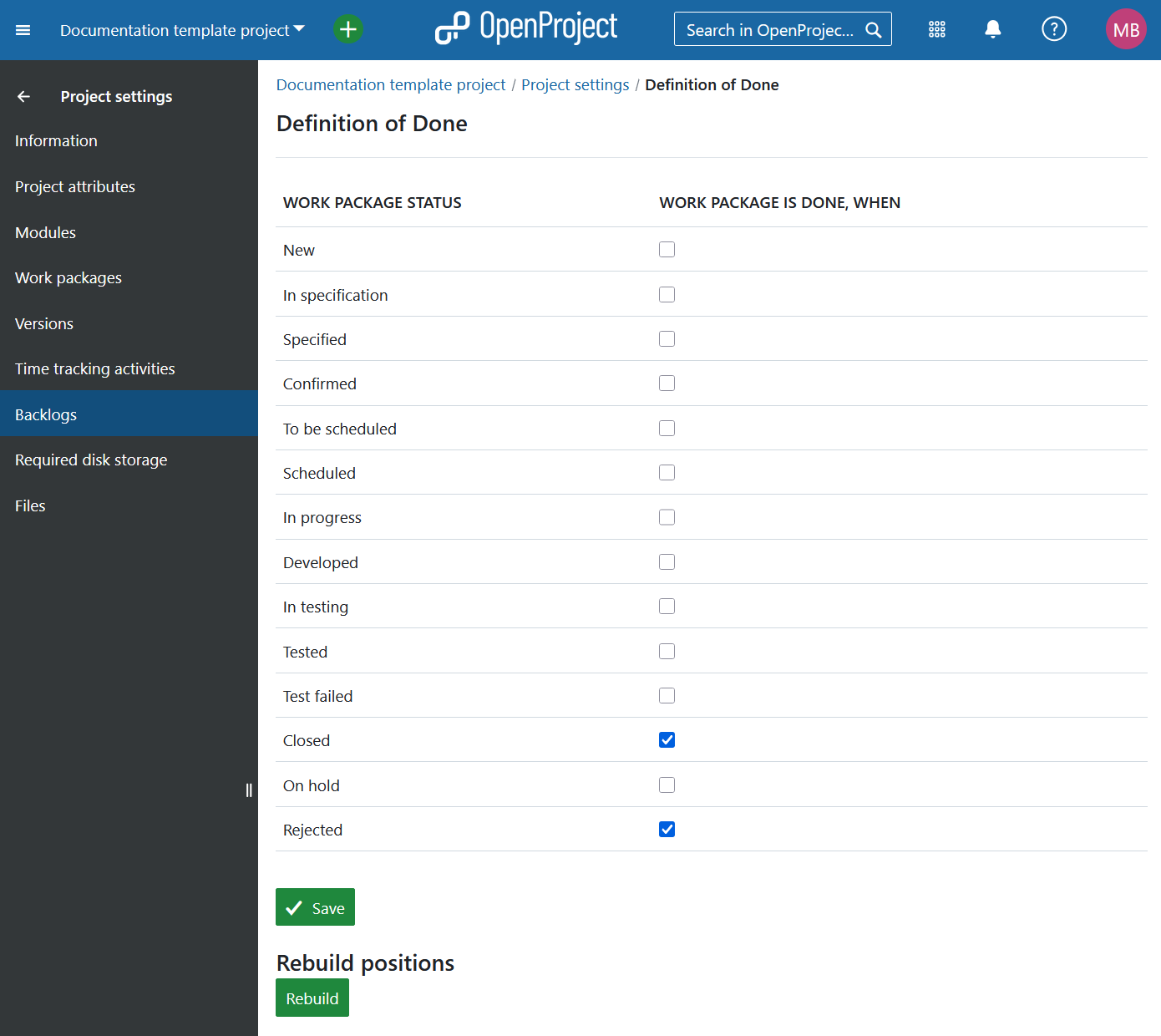 Manage backlogs settings under project settings in OpenProject