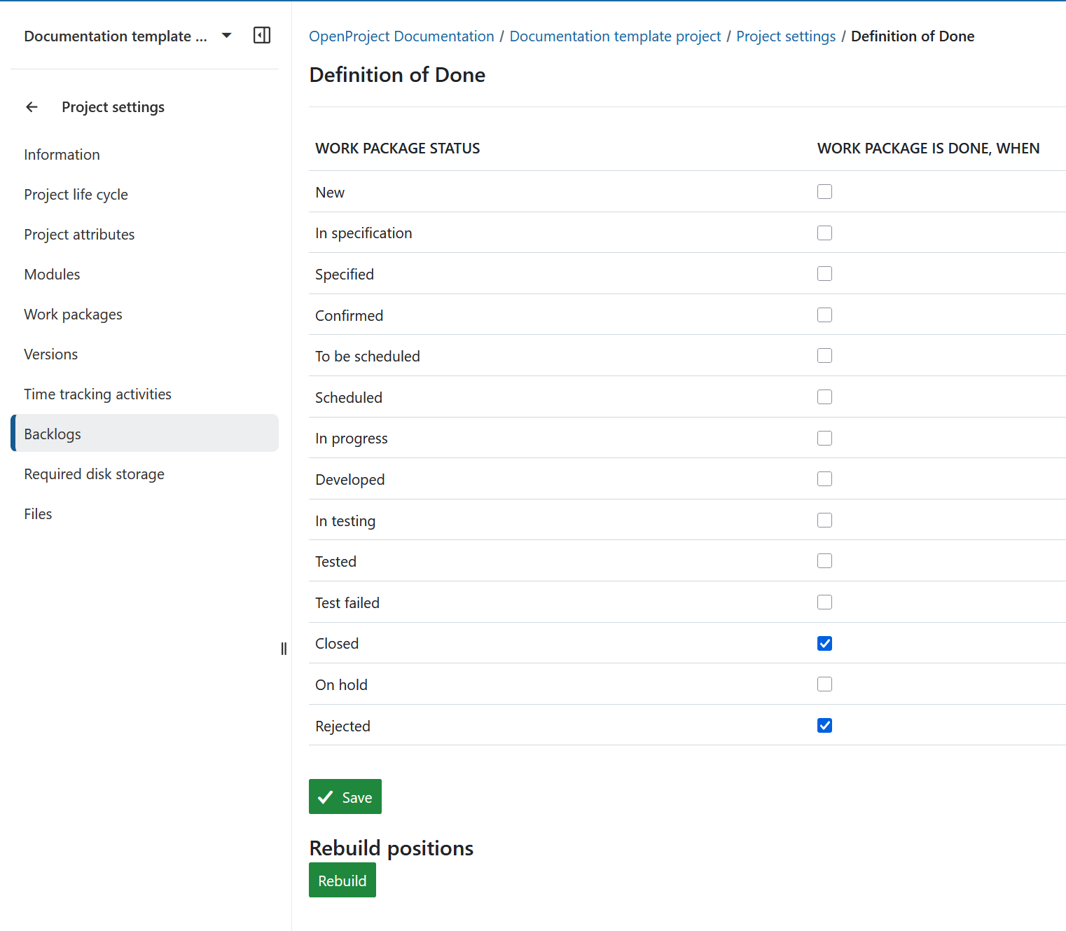 Gérer les paramètres des backlogs dans les paramètres du projet dans OpenProject