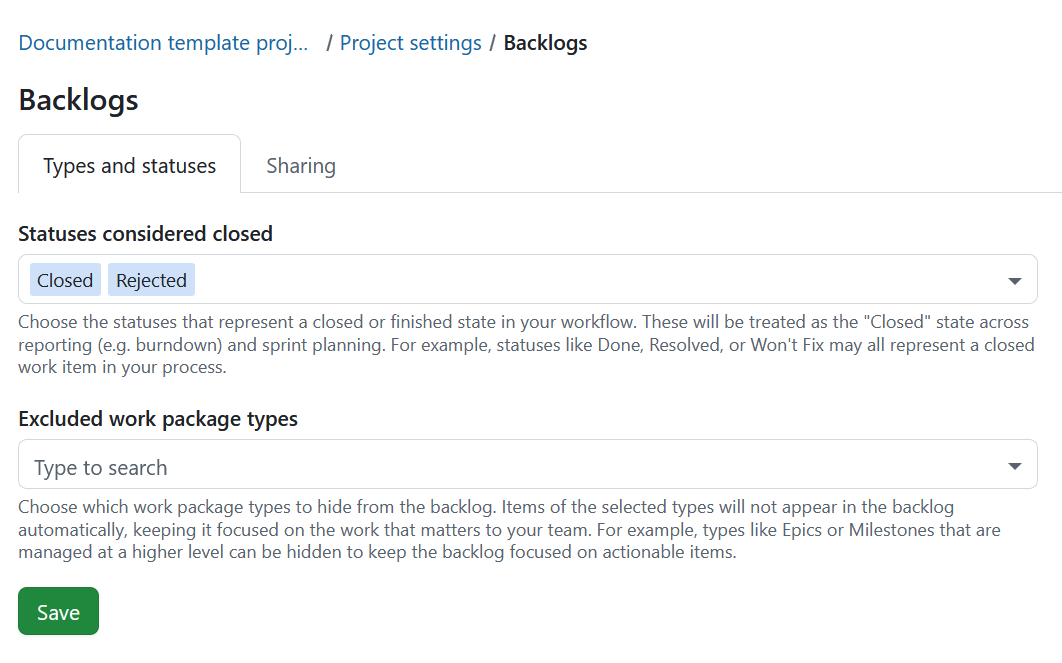 Configure statuses considered closed in Backlogs settings