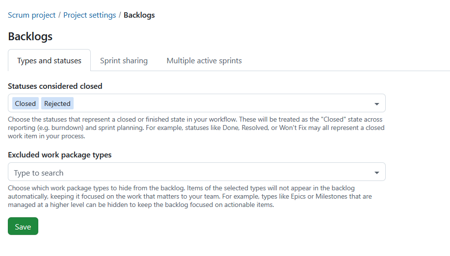 Configure statuses considered closed in Backlogs settings
