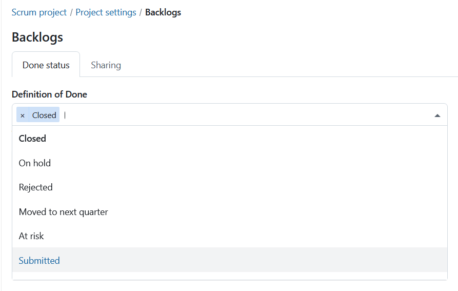 Set a definition of done for Backlogs under project settings in OpenProject