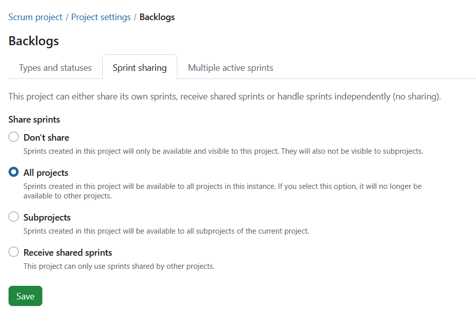 Manage backlogs settings under project settings in OpenProject