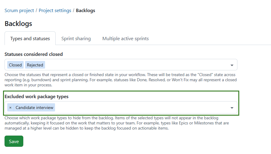 Configure statuses considered closed and excluded work package types in Backlogs settings