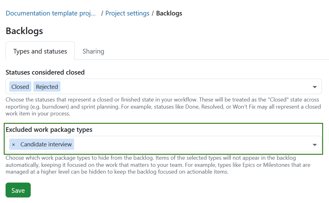 Configure statuses considered closed and excluded work package types in Backlogs settings
