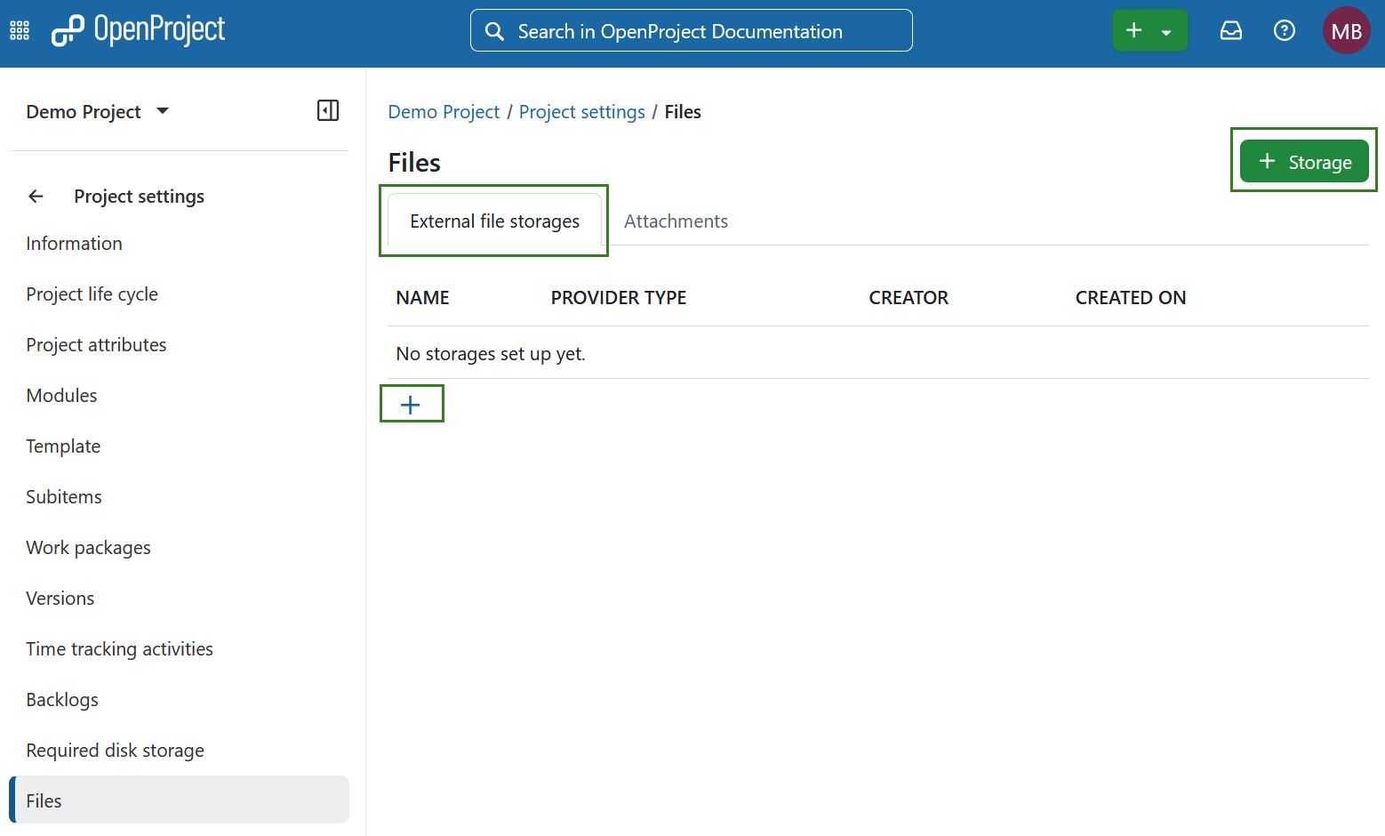 Lista de almacenamientos de archivos disponibles en un proyecto en la configuración del proyecto en OpenProject