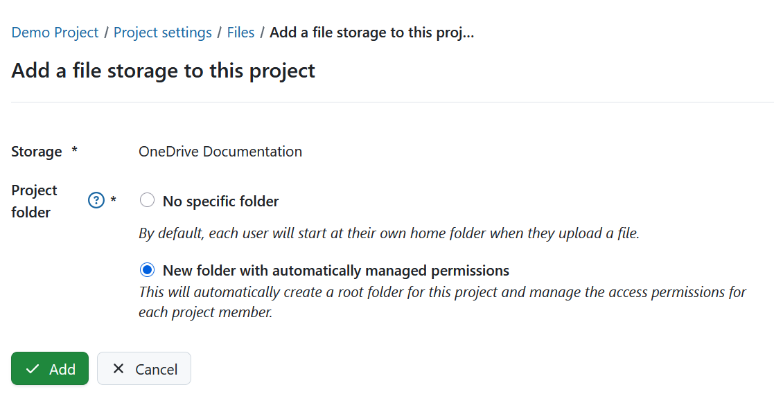 Seleccione el tipo de carpeta OneDrive en OpenProject