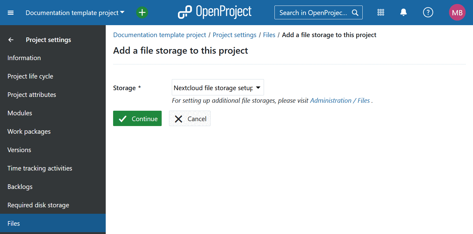 Añadir un almacenamiento de archivos a un proyecto en la configuración del proyecto en OpenProject